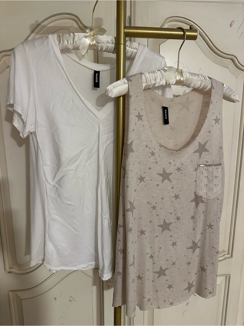 BUNDLE of 2 Venti 6 Tops! Star Print Tank Top in Beige & White V-Neck Tee